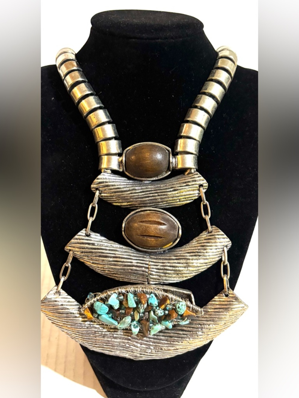 Handmade Bold Silver-Tone Statement Necklace with Turquoise Accents